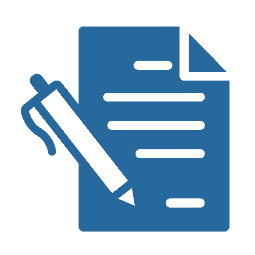 Ein blaues Symbol eines Stifts, der auf ein Blatt Papier schreibt.