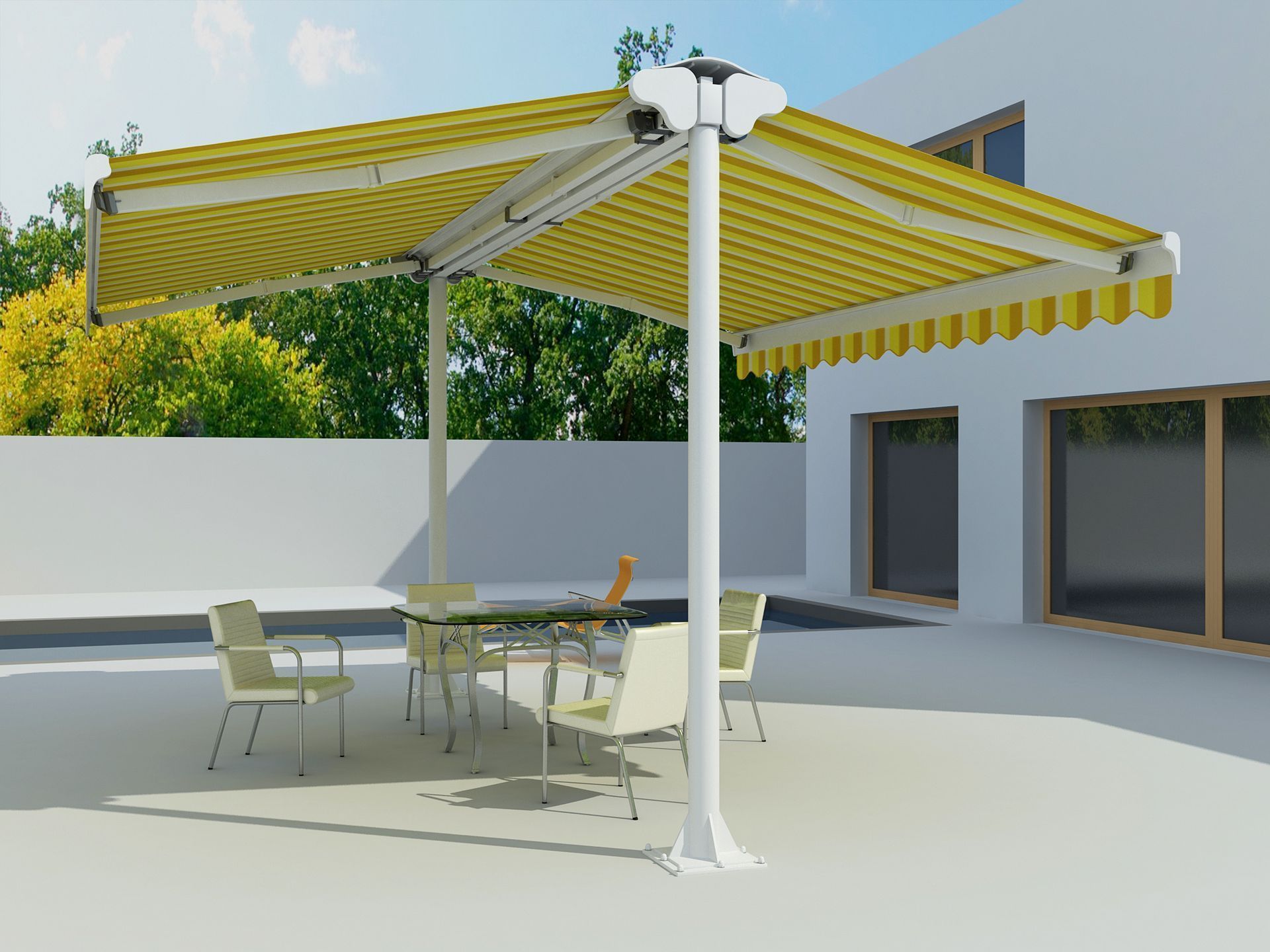 Store banne avec un pied central à rayures jaunes