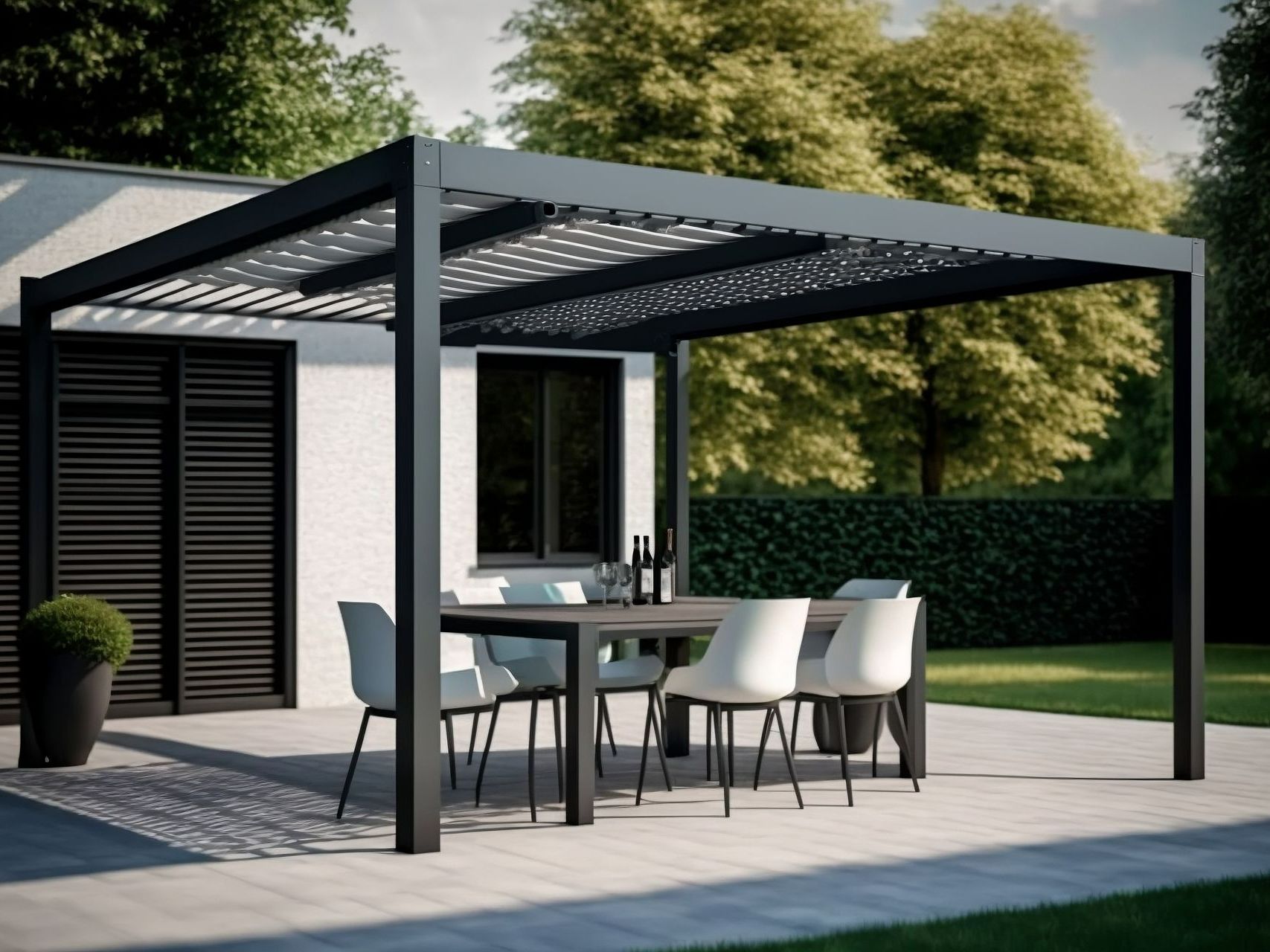 Pergola noire au dessus d'une terrasse