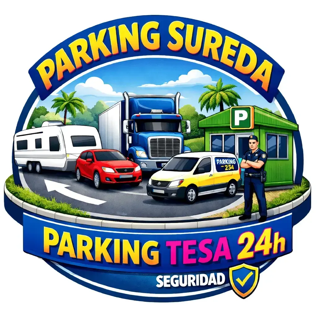 Logotipo para Parking Sureda Tesa 24h: coches, camión, remolque y guardia de seguridad junto a una cabina. Diseño en azul, verde y amarillo.