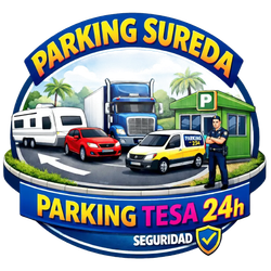 Logotipo para Parking Sureda Tesa 24h: Vehículos en una carretera, un vigilante de seguridad y una cabina de aparcamiento.