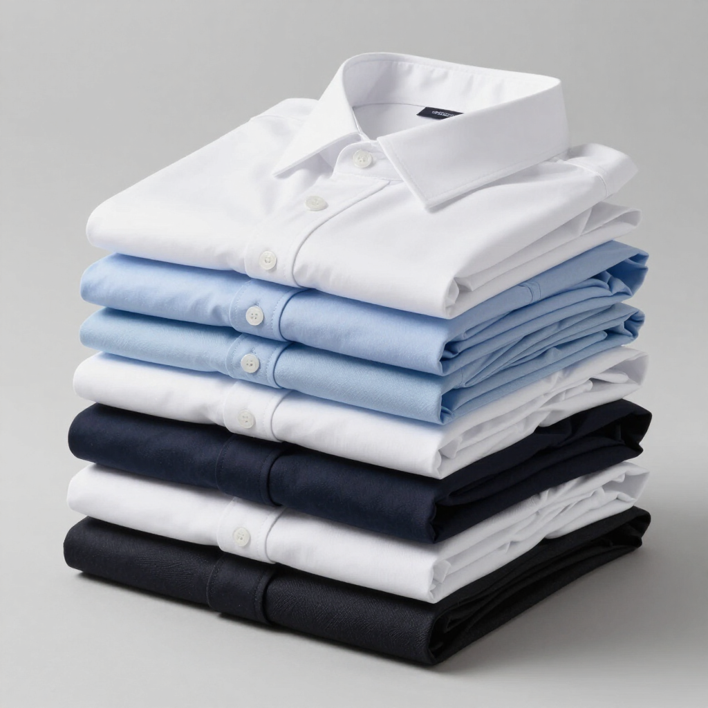 Pila de camisas de vestir dobladas en blanco, azul claro y azul marino sobre un fondo gris claro.