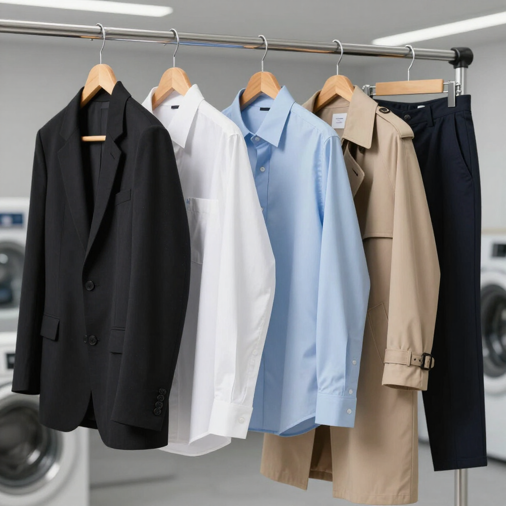 Cinco camisas y pantalones de hombre colgados en perchas de madera en una tienda de ropa.