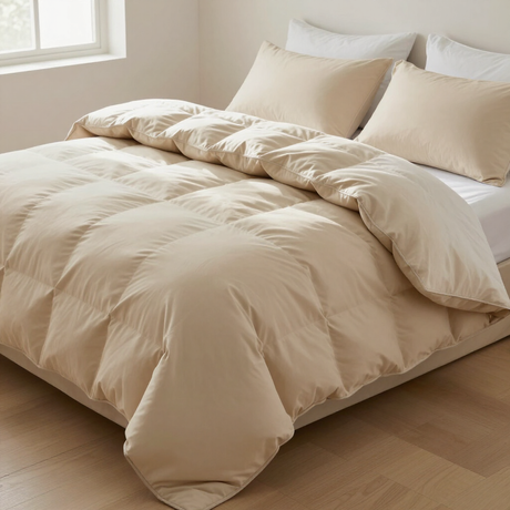 Cama bien hecha con edredón y almohadas beige en un dormitorio luminoso.