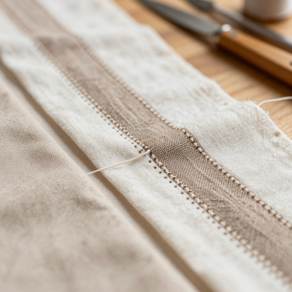 Primer plano de una tela beige con una costura visible sobre una mesa de madera.