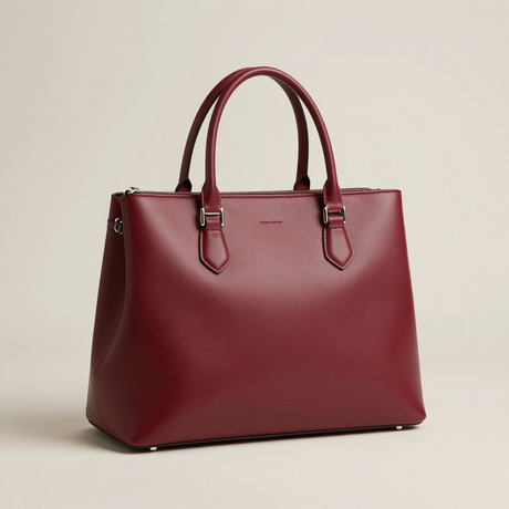 Bolso tote de piel color burdeos con doble asa sobre un fondo liso claro.