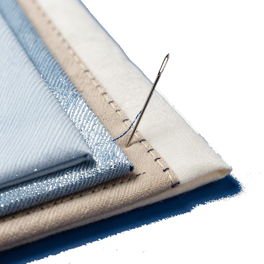 Primer plano de muestras de tela apiladas con una aguja de coser y puntadas azules sobre tela beige y azul claro.