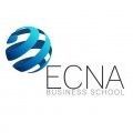 Logotipo de la escuela de negocios ECNA con un globo azul sobre fondo blanco.