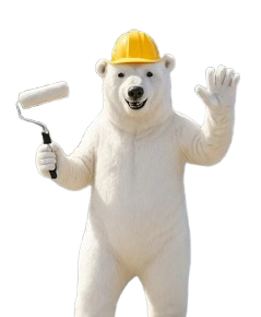Un ours polaire portant un casque de chantier jaune, tenant un rouleau à peinture et faisant signe de la main.