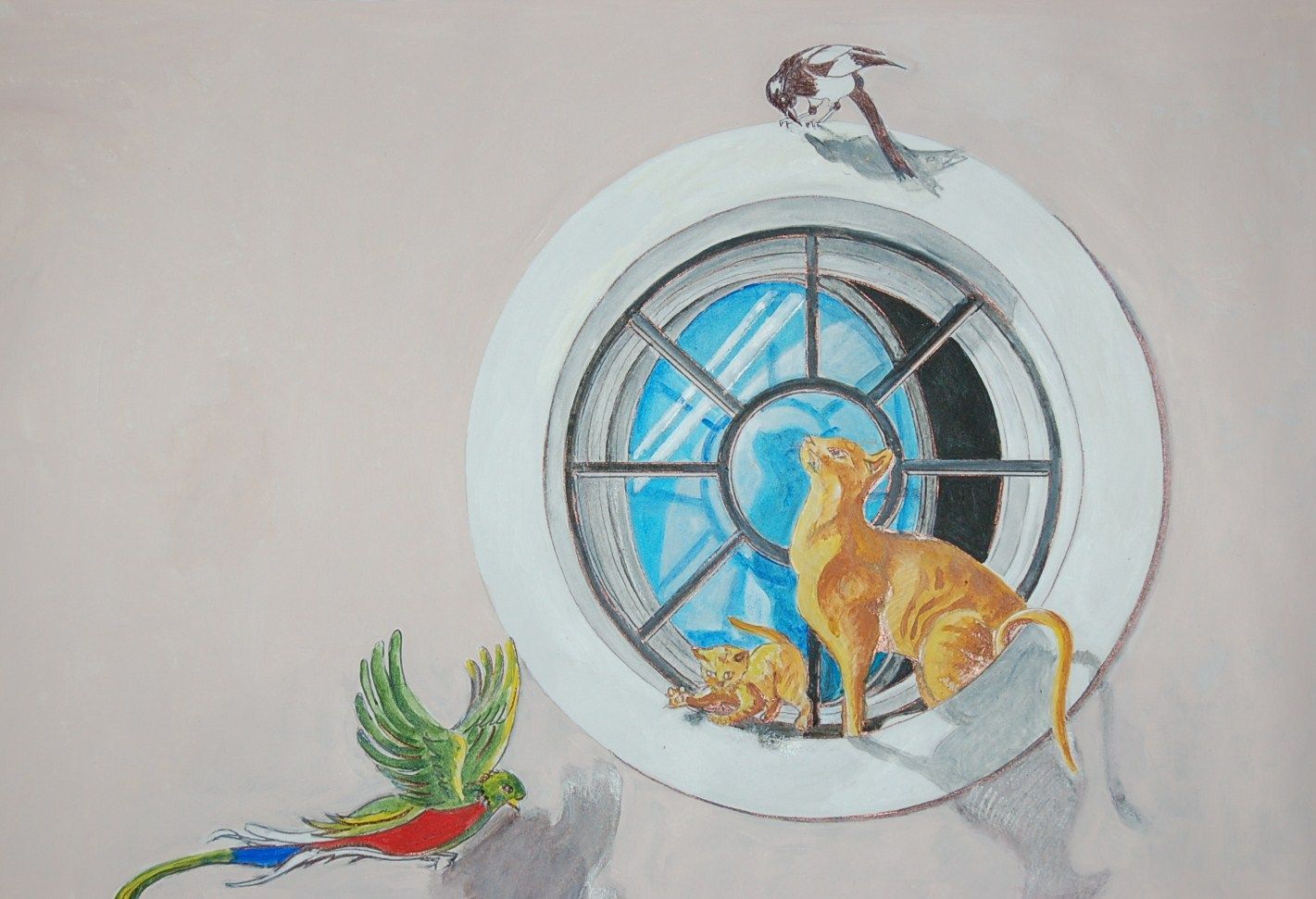 Une peinture d'un chat et d'un oiseau dans une fenêtre
