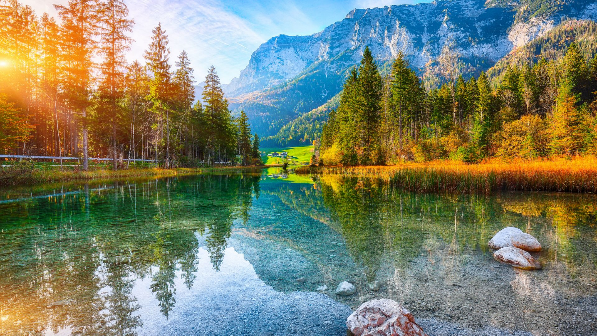 Un lac paisible reflète la forêt et les montagnes ; la lumière vive du soleil illumine le paysage de verdure luxuriante et d'un ciel bleu.