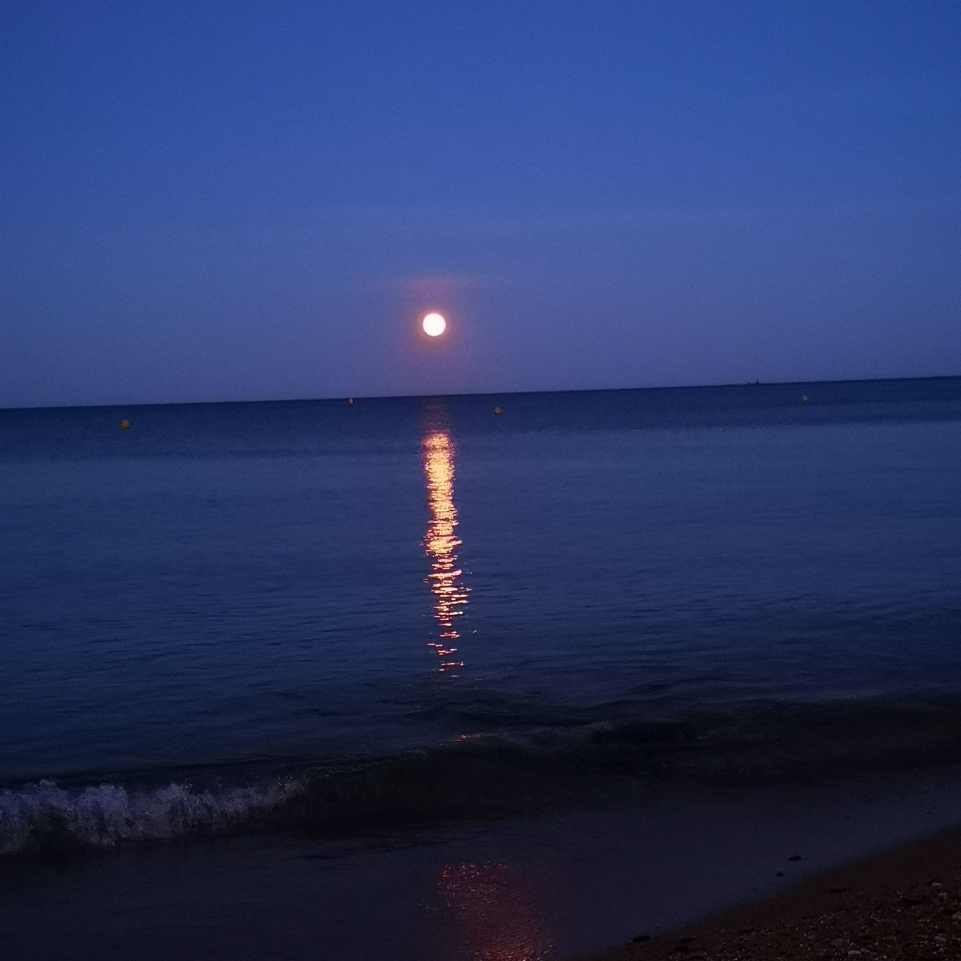 La lune se reflète sur l'eau la nuit ; sa lumière dessine un chemin scintillant.