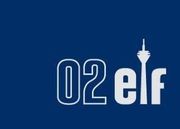 Blaues Logo mit der Aufschrift „02 elf“ und einem in den Text integrierten weißen Turmsymbol