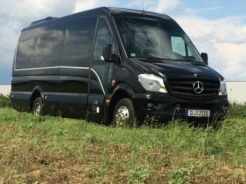 Ein schwarzer Mercedes-Van ist auf einer Wiese geparkt. 02elf Travel GmbH & Co KG
