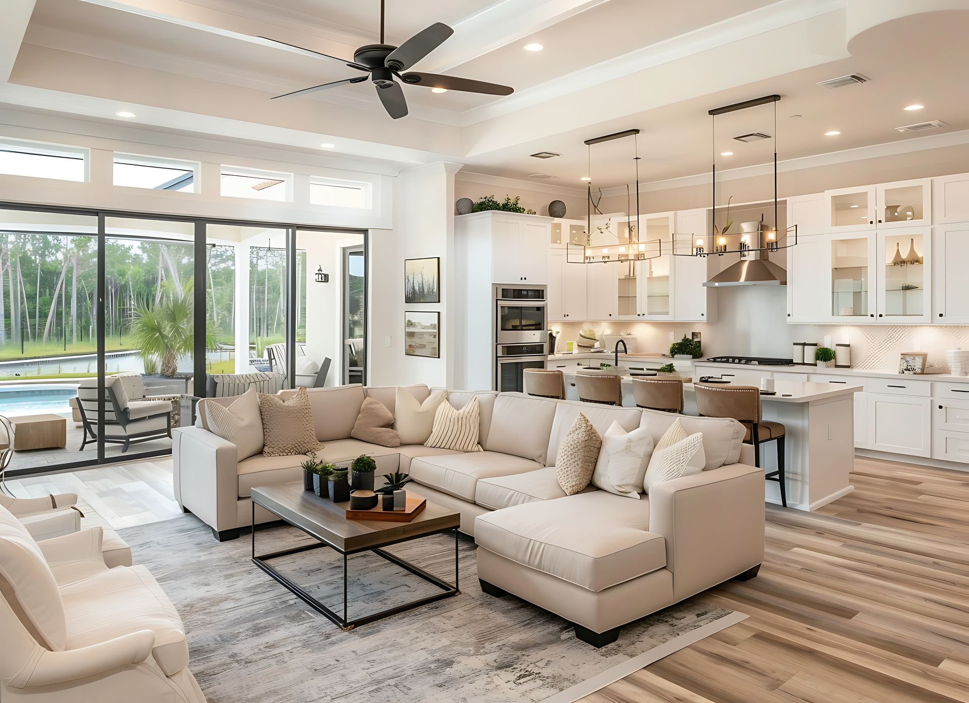 Photo d'un salon avec un ventilateur de plafond