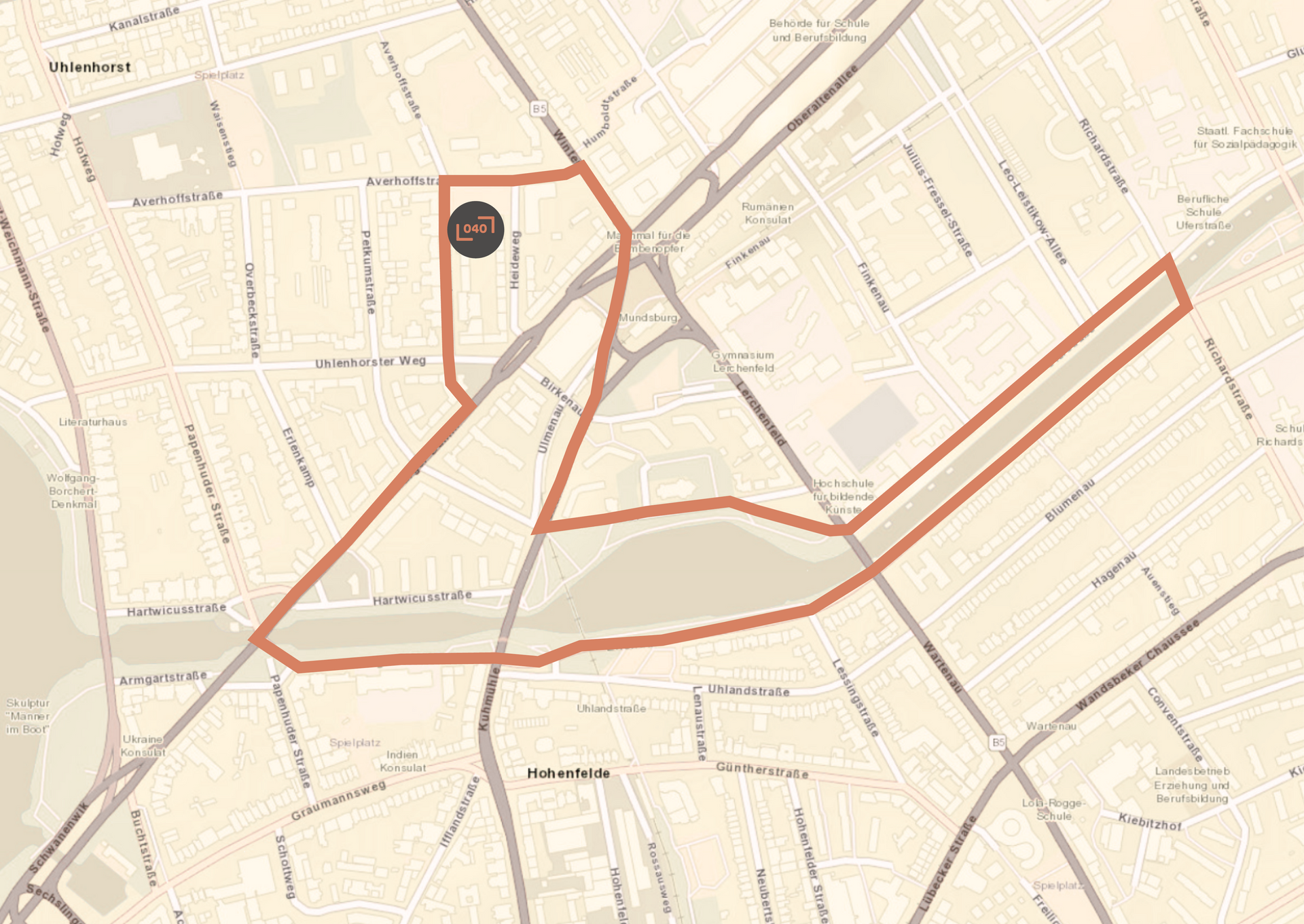 eine Landkarte von Hamburg, wo eine Laufstrecke eingezeichnet ist