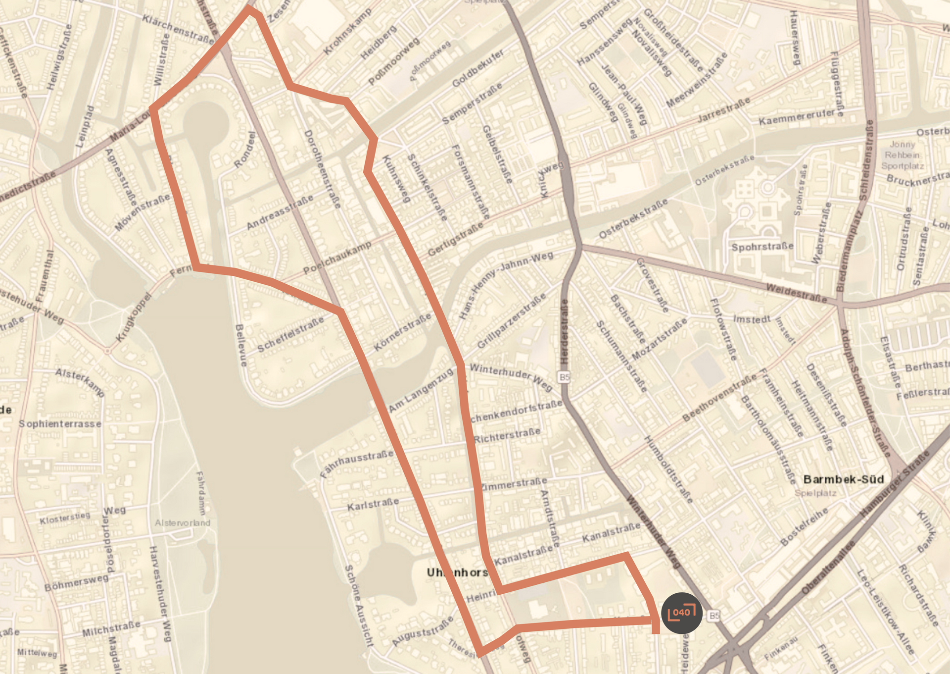 eine Landkarte von Hamburg, wo eine Laufstrecke eingezeichnet ist