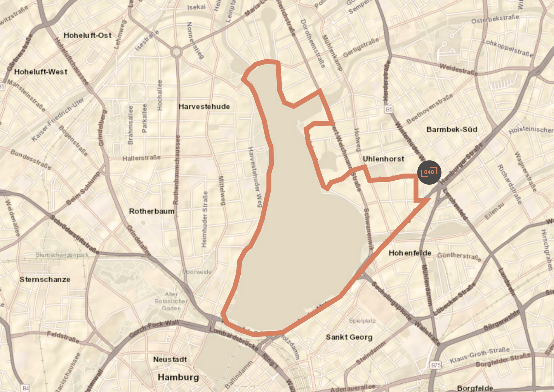 eine Landkarte von Hamburg, wo eine Laufstrecke eingezeichnet ist