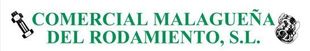 Texto verde: COMERCIAL MALAGUEÑA DEL RODAMIENTO, SL Con pequeños gráficos de herramientas y engranajes.
