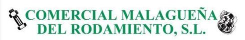 Texto verde: COMERCIAL MALAGUEÑA DEL RODAMIENTO, SL Con pequeños gráficos de herramientas y engranajes.