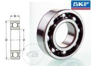 Diagrama y fotografía de un rodamiento SKF, que muestra los anillos interiores y exteriores, las bolas y las dimensiones.