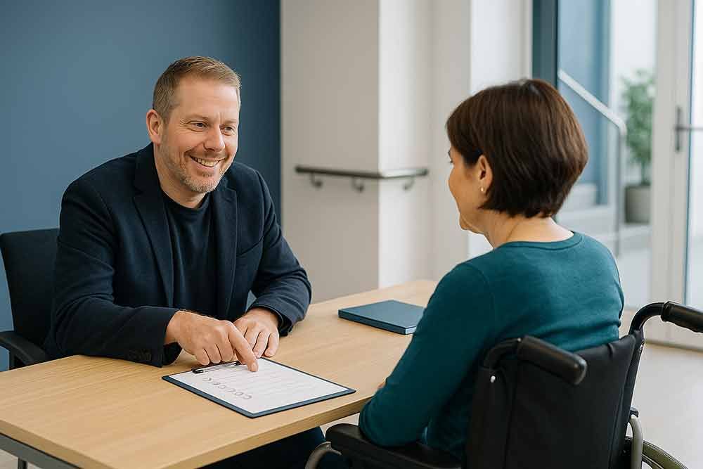 Jörg erklärt einem Menschen im Rollstuhl eine Checkliste in einfacher Sprache. Mann und Frau im Rollstuhl sitzen an einem Schreibtisch und prüfen Papierkram. Lächelnder Mann zeigt auf das Papier. Blaue Wand im Hintergrund.
