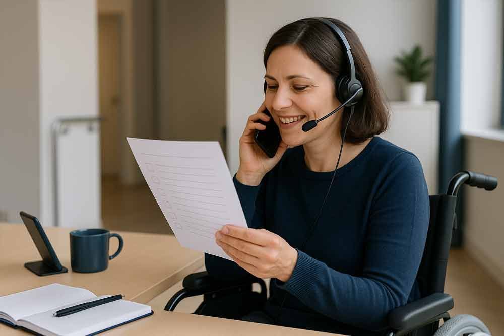 Frau im Rollstuhl trägt Headset, lächelt, hält Papier in der Hand und telefoniert am Schreibtisch.