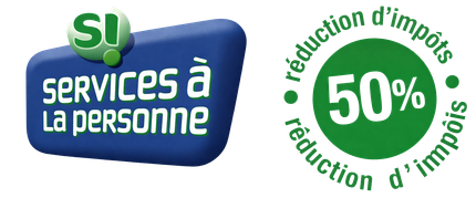 Logo “Services à la personne” with green “SI” badge and green circle stating “50% réduction d’impôts”