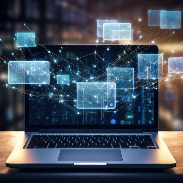 Una computadora portátil está abierta y tiene una pantalla de la que salen cuadrados brillantes.