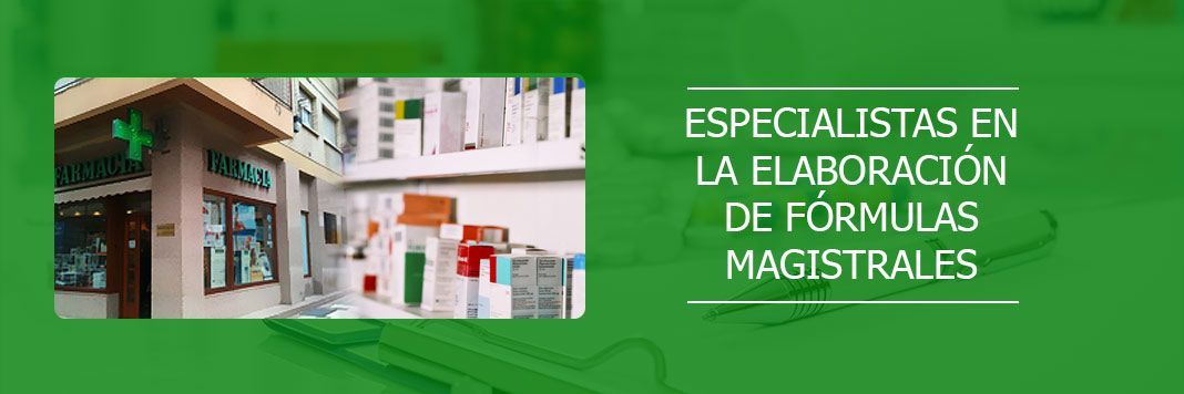 Un fondo verde con la imagen de un edificio y las palabras especialistas en la elaboración de fórmulas magistrales.