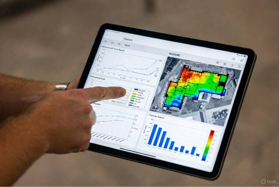 Eine Person zeigt auf ein Tablet, auf dem Diagramme und eine farbcodierte Karte eines Gebäudes angezeigt werden.