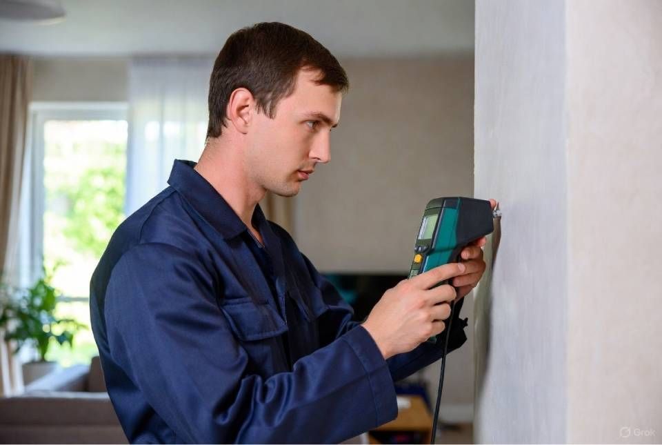 Mann im blauen Overall benutzt eine Wärmebildkamera an einer weissen Wand in einem Wohnzimmer.