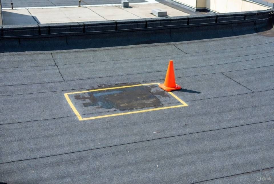 Ein orangefarbener Verkehrskegel auf einem Dach markiert einen wassergeschädigten, gelb umrandeten Bereich.