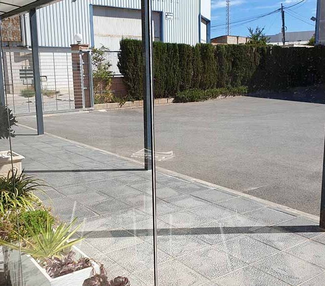 Una planta en maceta está sentada frente a una puerta de vidrio.