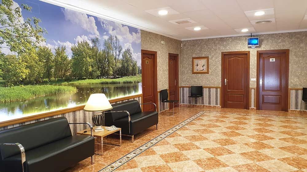 Una sala de espera con un sofá y sillas y una imagen de un lago en la pared.