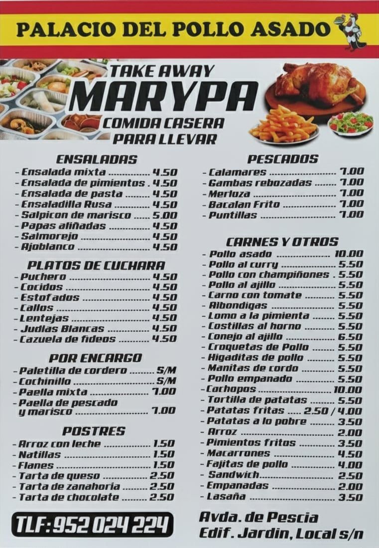 Menú del restaurante “Palacio del Pollo Asado”, ofrece diversos artículos de comida para llevar.