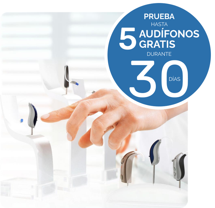 Una mano señala los audífonos en exhibición; oferta de prueba gratuita: 5 audífonos durante 30 días.