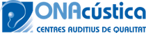 Logotipo de "ONAcústica", centro de audición, con ilustración de oreja en azul y texto "CENTRES AUDITIUS DE QUALITAT".