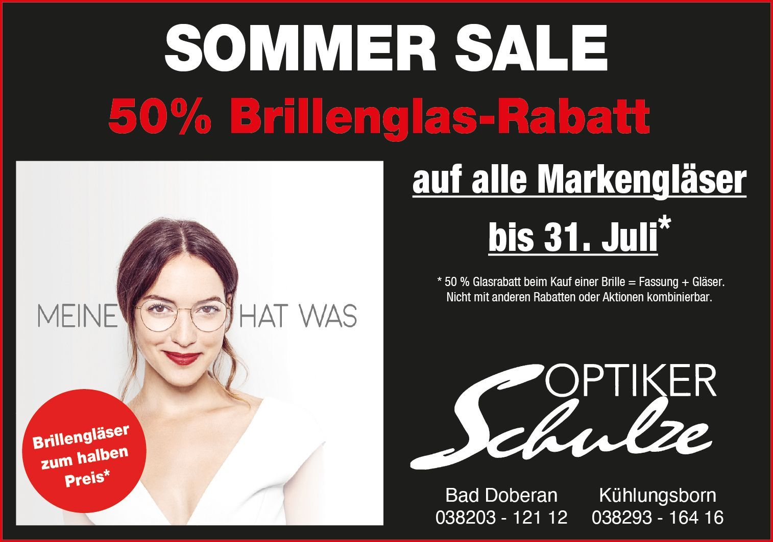 Eine Werbung für ein Geschäft namens Optiker Schulze