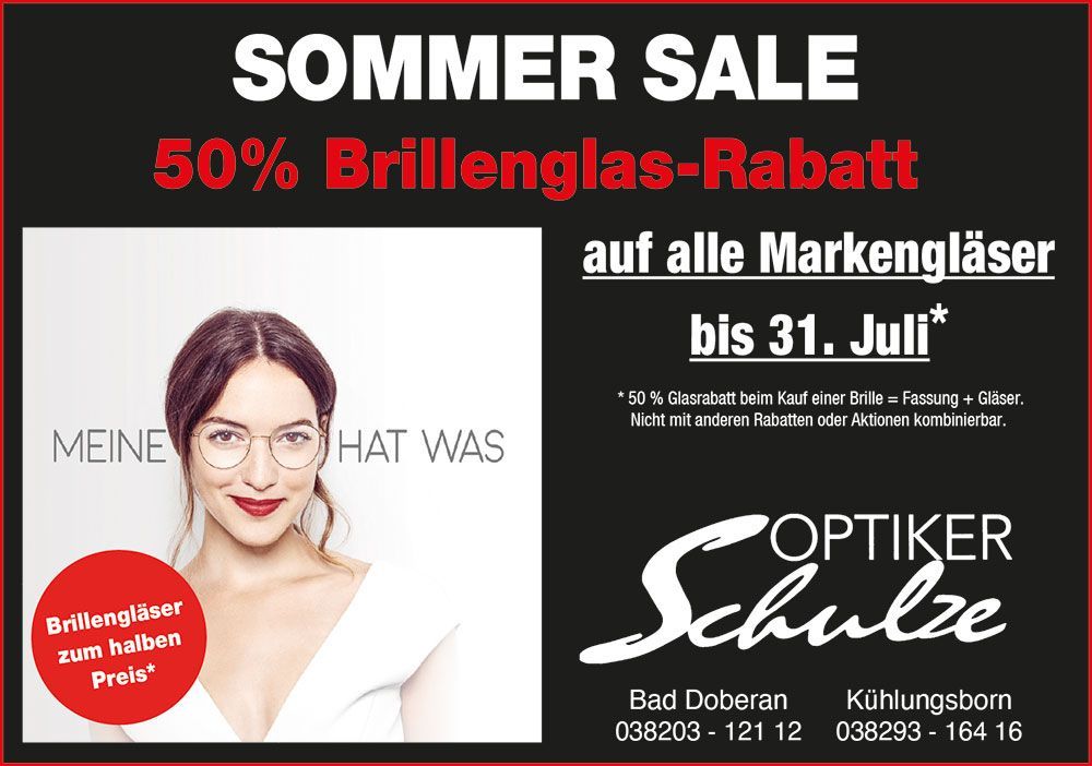 Optiker Schulte Sommer-Sale mit 50% Brillenlas-Rabatt auf alle Markengläser bis 31. Juli
