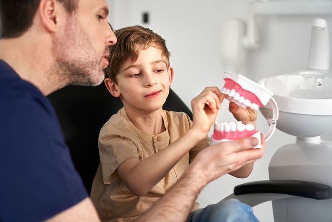 Un adulto y un niño examinan un modelo dental durante una lección de cepillado de dientes.
