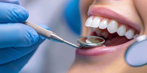 Odontólogo examinando los dientes con un espejo dental y una sonda dentro de la boca abierta del paciente.