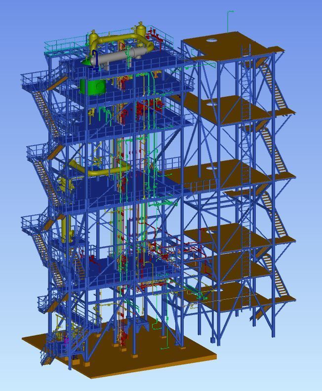 3D-Rendering einer blauen Industriegerüstkonstruktion mit mehreren Plattformen, Treppen und braunen Böden auf hellblauem Hintergrund