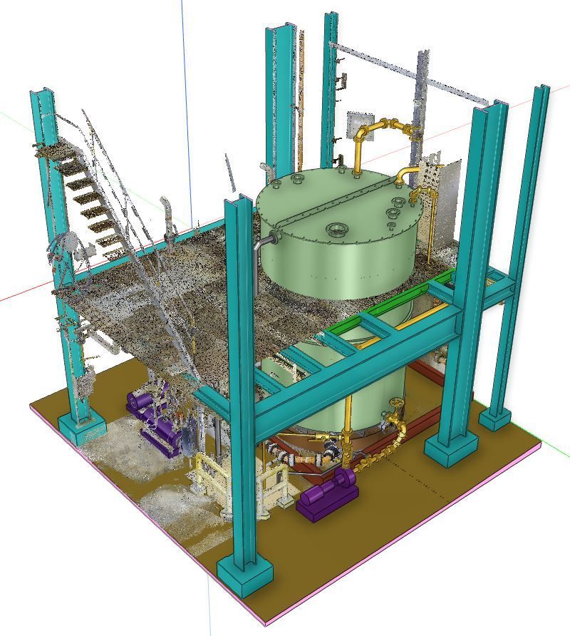 3D-Rendering einer Industrieplattform mit türkisfarbenen Stahlrahmen, Treppen und einem großen grünen zylindrischen Tank