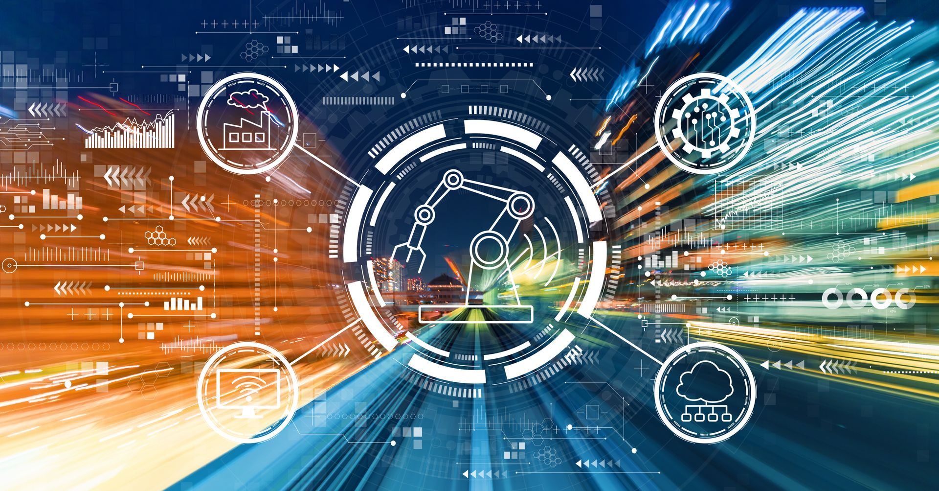 Abstrakte digitale Netzwerkschnittstelle mit leuchtend blauen und orangen Datenströmen und kreisförmigen Technologie-Icons