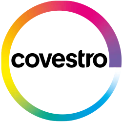 Covestro-Logo in schwarzer Schrift innerhalb eines mehrfarbigen Kreises