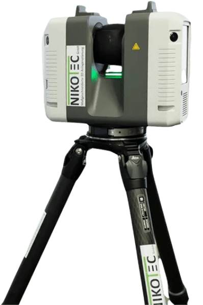 Nikotec 3D-Laserscanner auf Stativ, weiß und schwarz mit grünen Akzenten