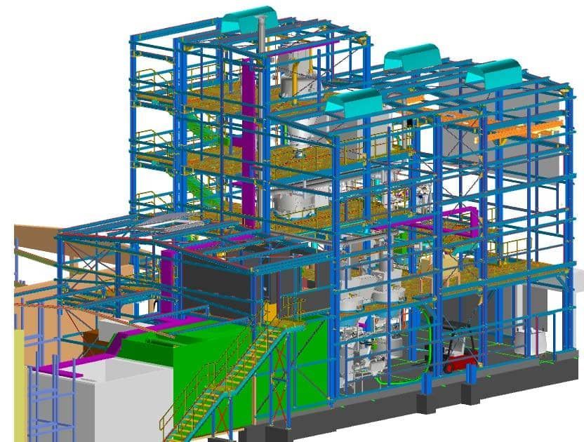 Farbcodiertes 3D-Modell einer industriellen Stahlkonstruktion mit Plattformen, Treppen und Rohrleitungen