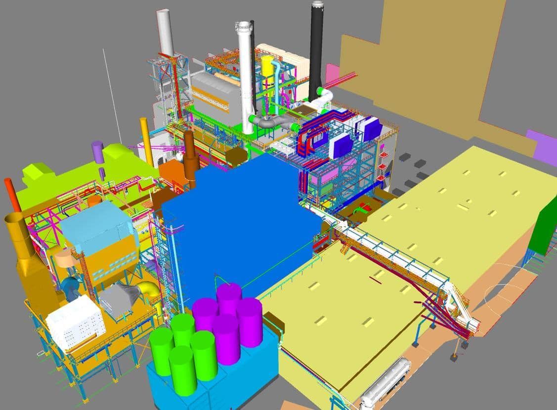 Farbenfrohes 3D-Fabriklayout mit Anlagen, Förderbändern, Tanks und großem blauen Arbeitsbereich