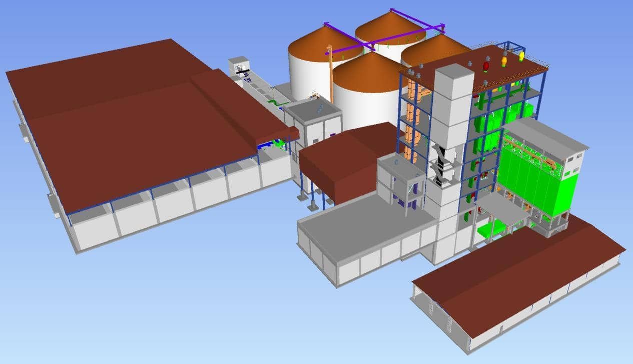 3D-Rendering einer Industrieanlage mit Silos, Tanks, Förderbändern und Lagergebäuden